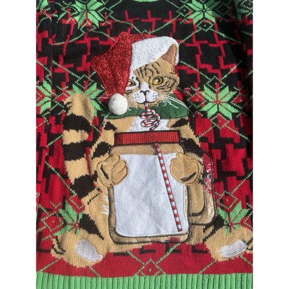 Ugly Christmas Sweater Cat Drinking with Beverage Bottle Holder Size L - Picture 1 of 5